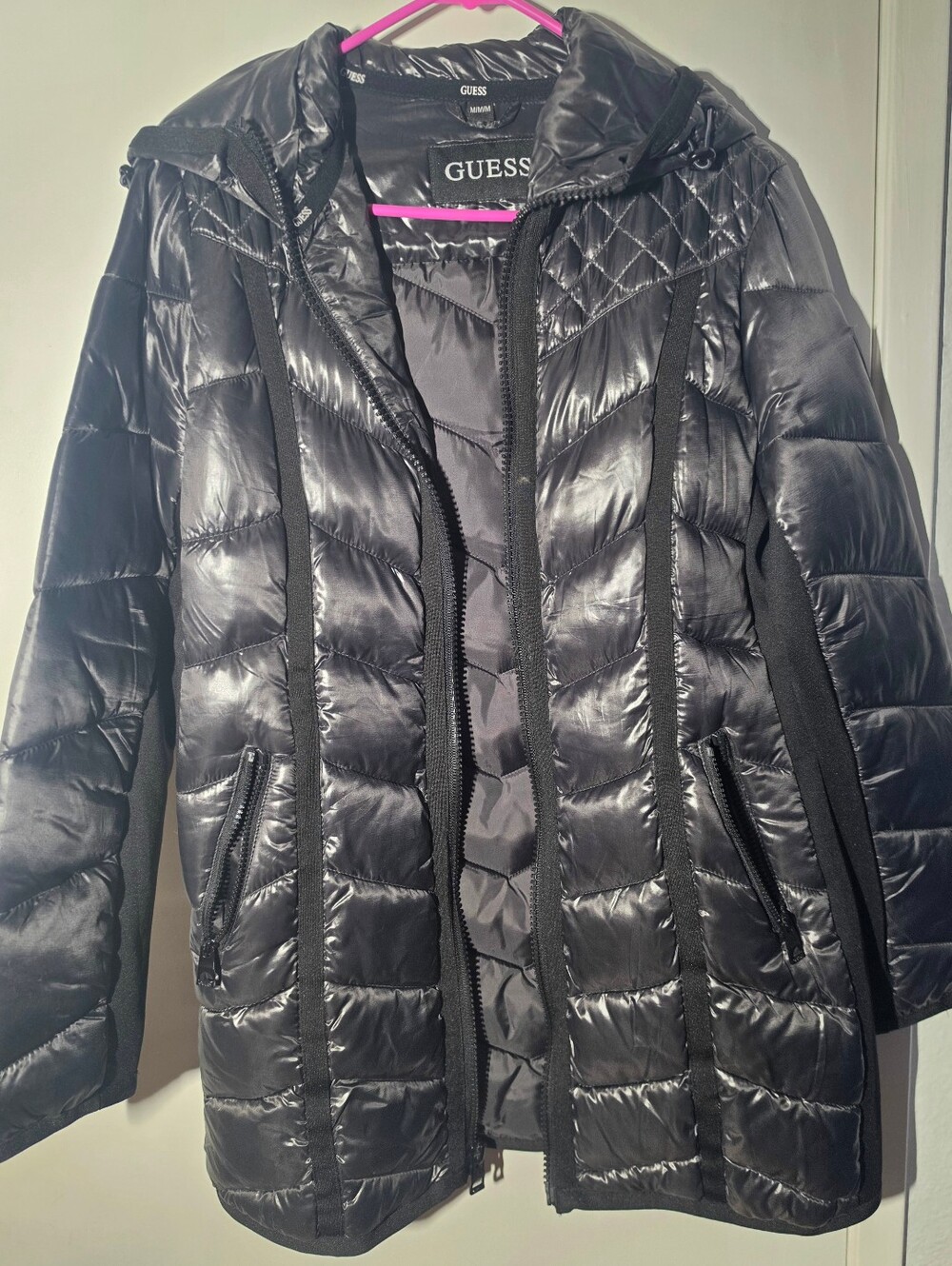 GUESS Shiny Black Quilted Puffer Coat with Hood